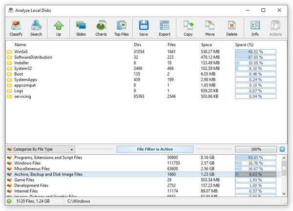 Disk Space Analysis Results File Filter Active